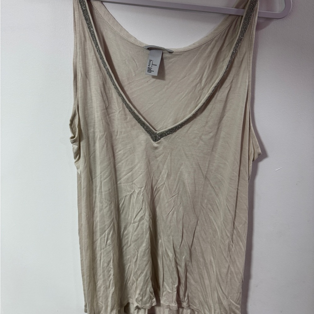 H&M Beige V-Neck Tank Top with Beaded Trim